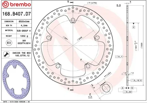 Disco de freno Brembo fijo Serie Oro 168B407D7